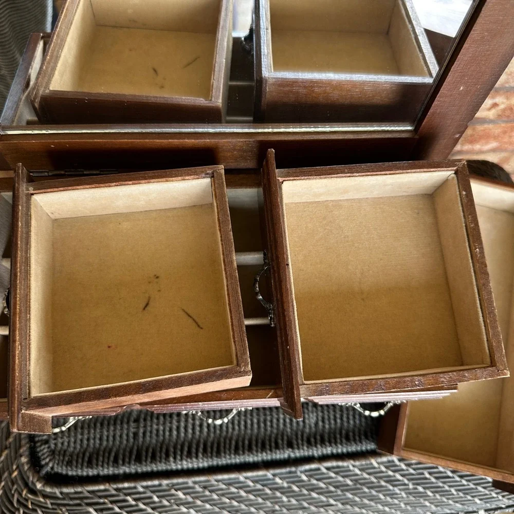 Vintage Wood Jewelry Box Armoire 5 Drawer Mirror Top Chest‎ Dark Brown Finish